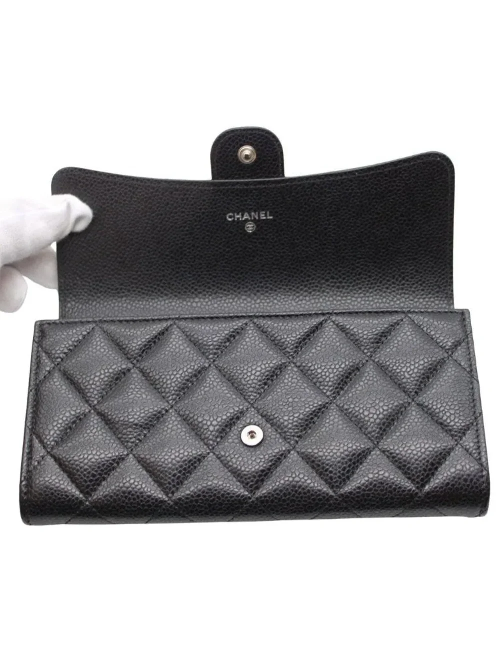 Chanel Wallet Quilted Caviar Leather Black Silver